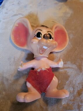 Vintage Pink Mouse Plush-Style Figure with Red Shorts